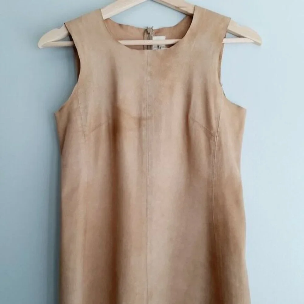 JILL STUART Genuine Suede Leather Mini Sheath Dress Tan Sz 0 Flawed - Picture 3 of 16